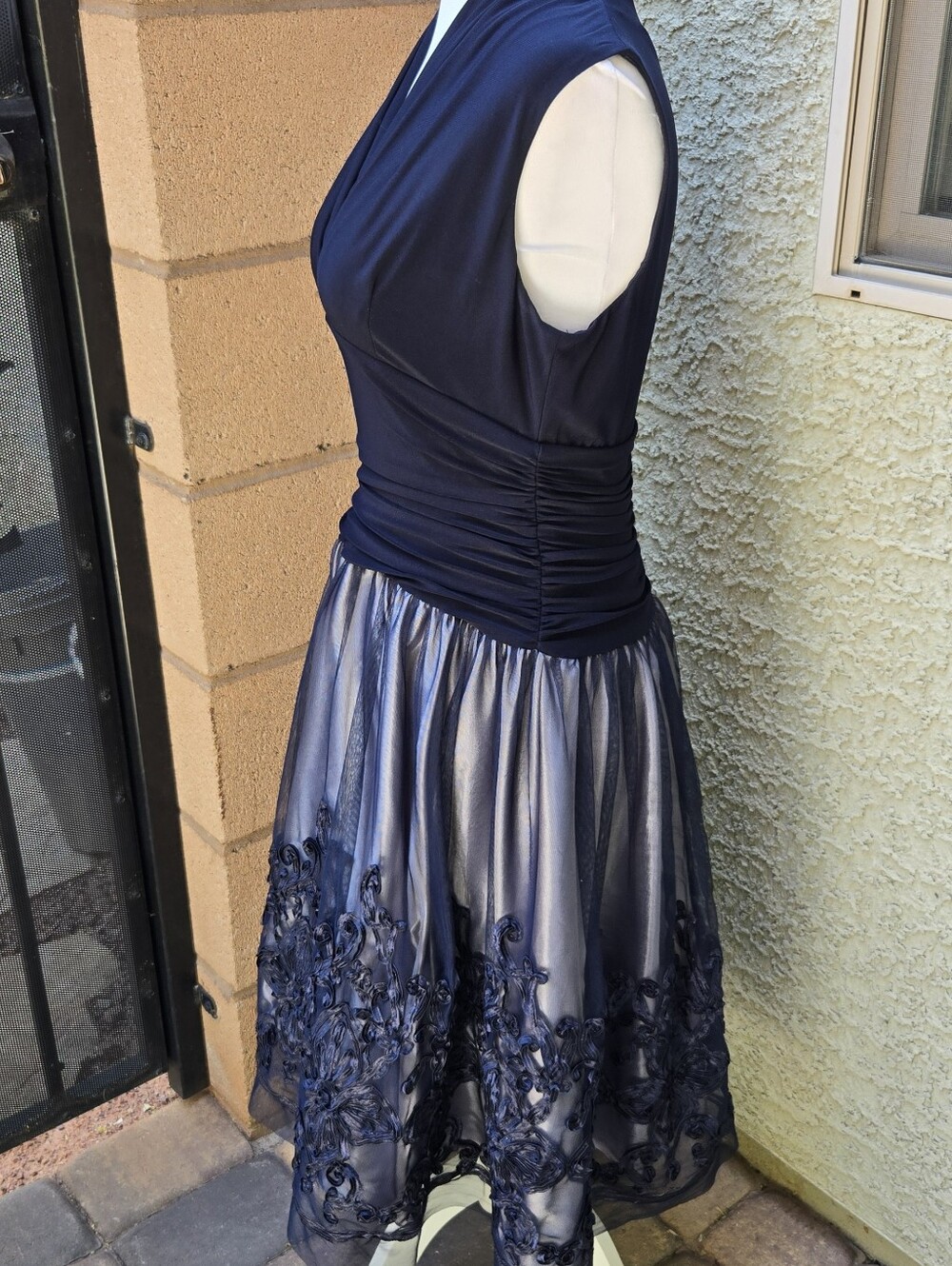 SLNY Navy Blue Embroidered A-Line Dress - Picture 5 of 12